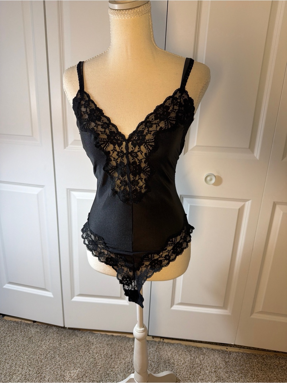 Vtg Guy Laroche Black Lace Trim nylon Teddy Bodysuit - Women Intimates